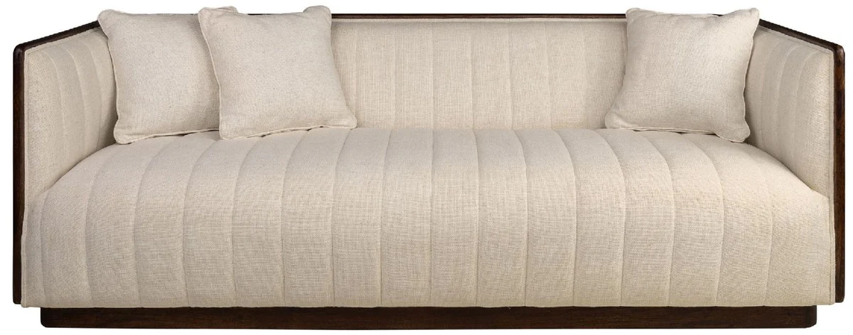 Luxus Sofa Beige / Dunkelbraun 202 x 82,5 x H. 75,5 cm - Wohnzimmer Sofa mit edlem Mindiholz und Sesam Stoff - Wohnzimmer Möbel - Luxus Qualität