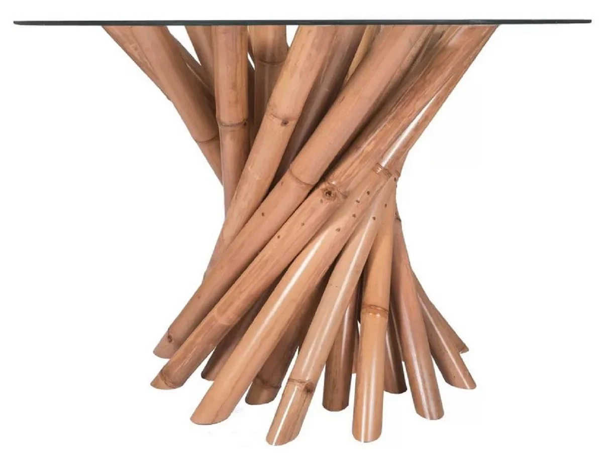 Luxus Esstisch Naturfarben Ø 120 x H. 80 cm - Runder Bambus Küchentisch mit Glasplatte - Esszimmer Möbel - Bambus Möbel - Luxus Möbel - Luxus Esszimmer Einrichtung