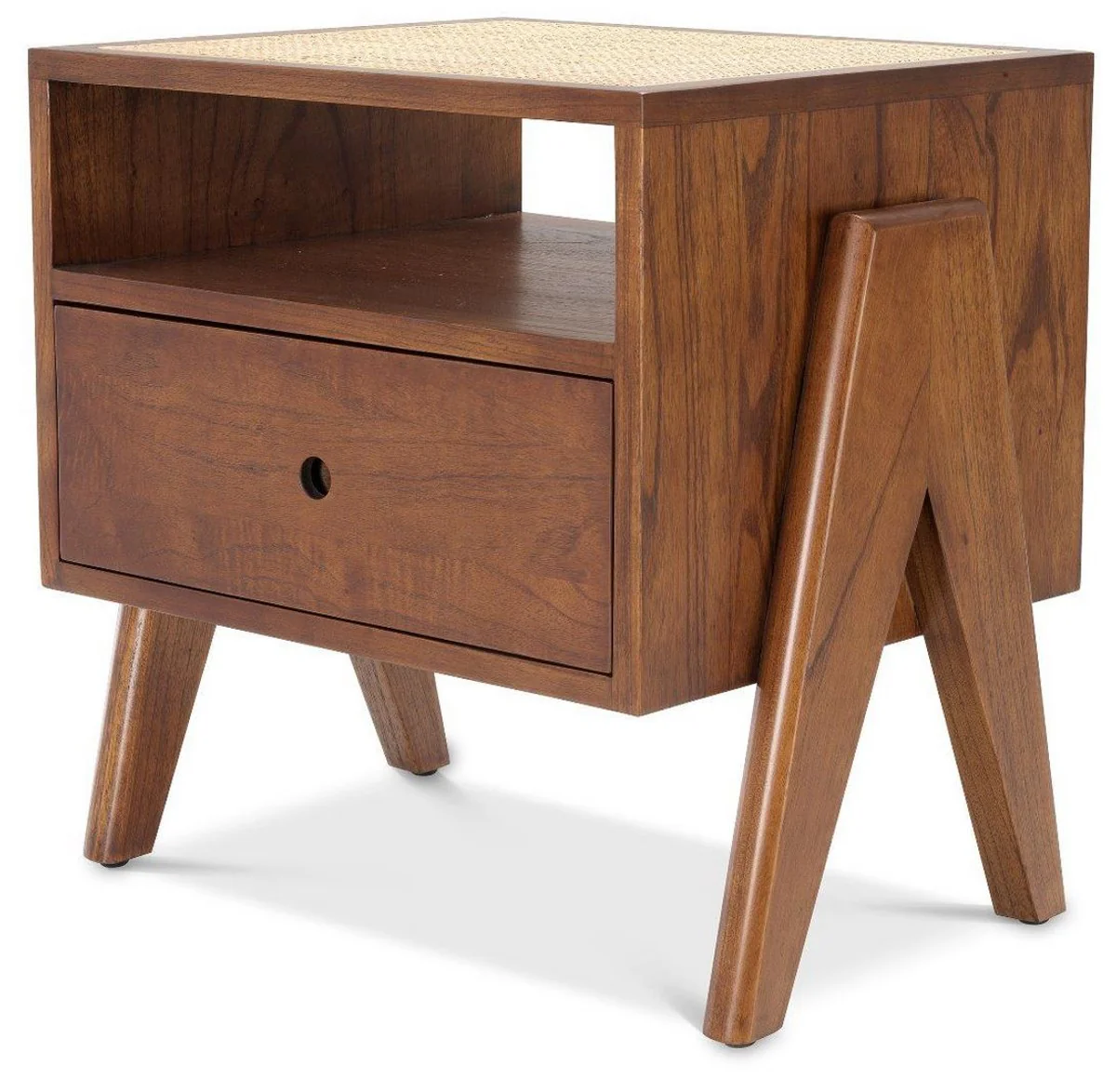 Luxus Nachttisch Braun / Naturfarben 58 x 45 x H. 55,5 cm - Massivholz Beistelltisch mit Rattangeflecht - Luxus Schlafzimmer Möbel