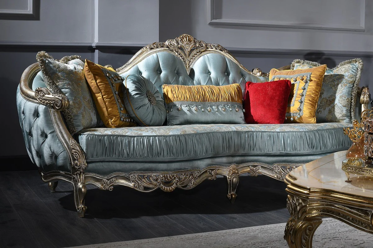 Luxus Barock Sofa Türkis / Silber / Gold 310 x 99 x H. 113 cm - Prunkvolles Chesterfield Wohnzimmer Sofa im Barockstil