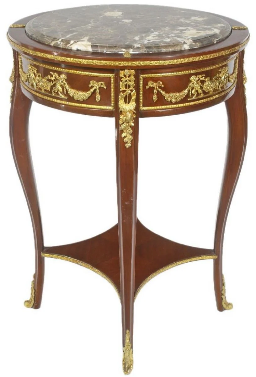 Barock Beistelltisch mit Marmorplatte Braun / Gold Ø 45 x H. 75 cm - Runder Tisch im Barockstil - Barock Möbel