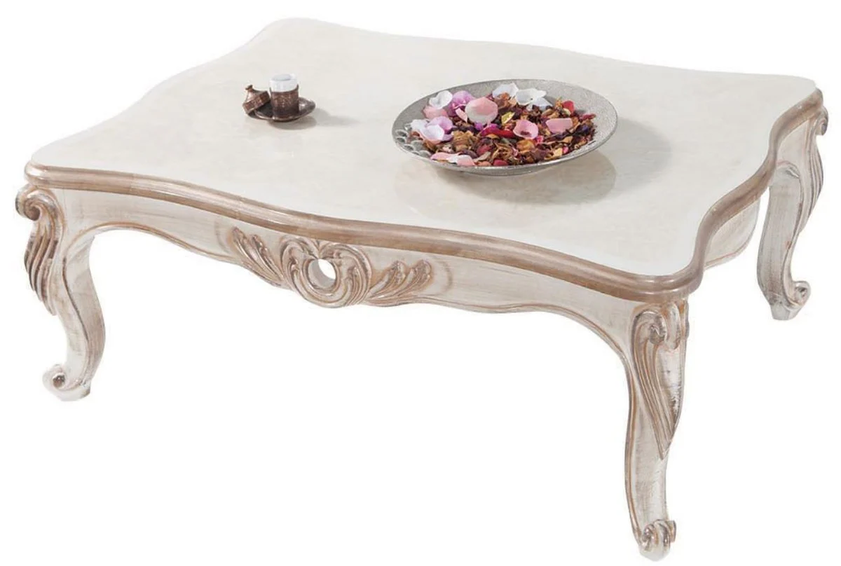 Luxus Barock Couchtisch Weiß / Antik Bronze 122 x 82 x H. 46 cm - Massivholz Wohnzimmertisch im Barockstil