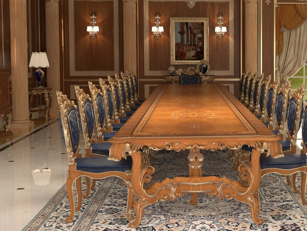 Luxus Barock Esszimmer Stuhl Set Dunkelblau / Braun / Gold 57 x 62 x H. 105 cm - Prunkvolles Küchen Stühle 6er Set - Hotel Restaurant Schloss Möbel - Luxus Qualität - Made in Italy