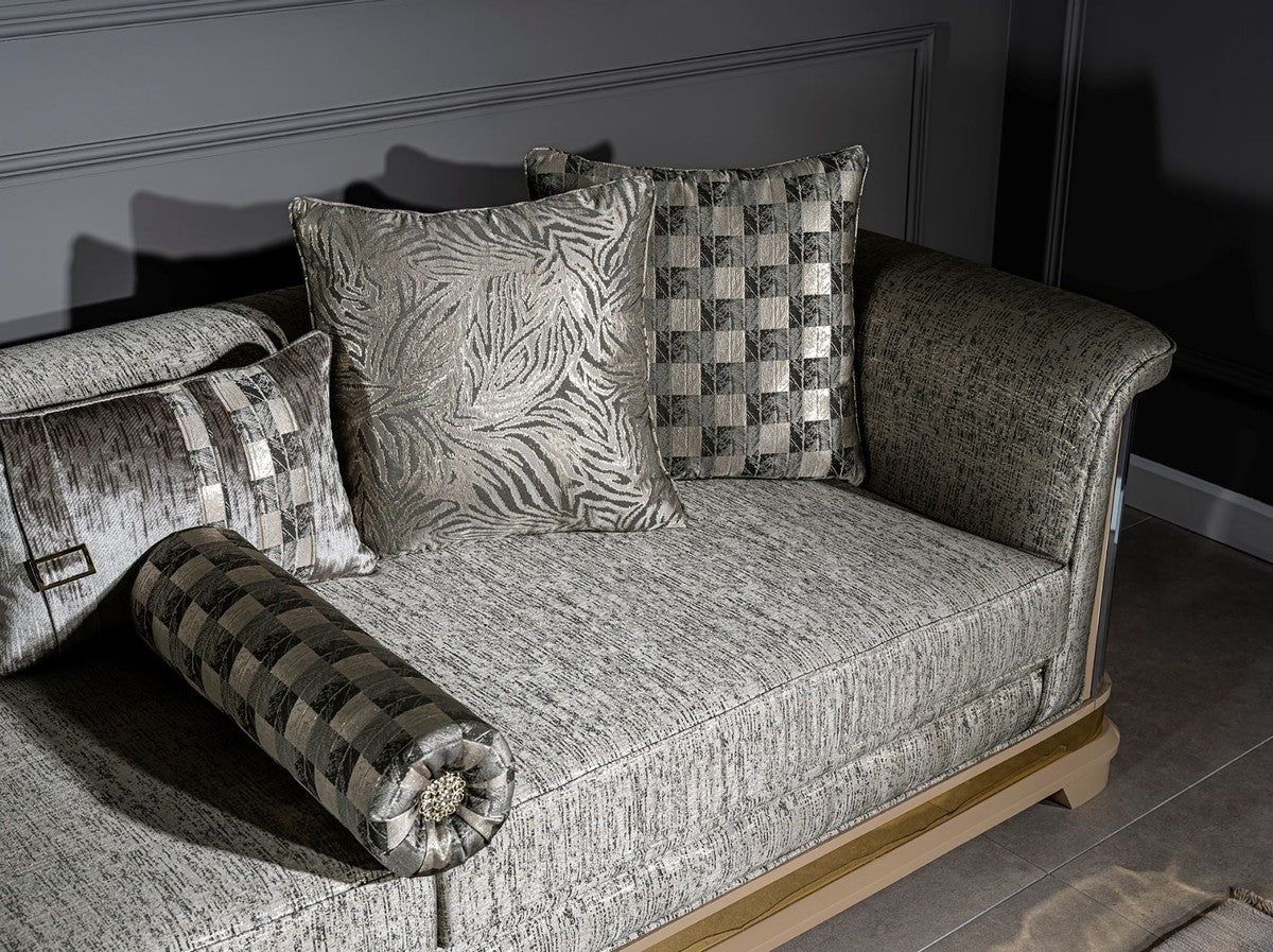 Luxus Art Deco Sofa Silber / Schwarz / Beige / Gold 249 x 93 x H. 72 cm - Wohnzimmer Sofa mit dekorativen Kissen - Art Deco Wohnzimmer Möbel