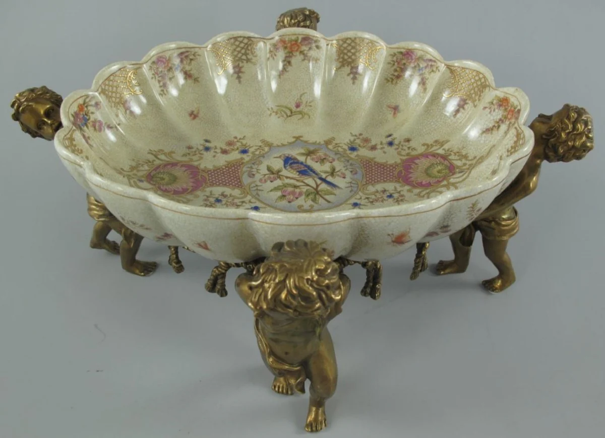 Jugendstil Porzellan Schale mit 4 dekorativen Engelsfiguren Cremefarben / Mehrfarbig / Messingfarben 40 x 30 x H. 17 cm - Barock & Jugendstil Deko Accessoires