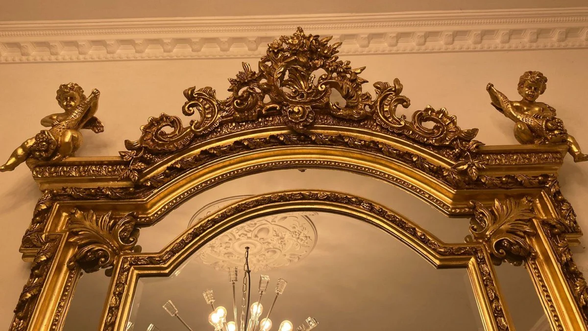 Barock Spiegel Gold - Handgefertigter Antik Stil Wandspiegel mit dekorativen Engelsfiguren - Wohnzimmer Spiegel - Garderoben Spiegel - Prunkvolle Barock Möbel