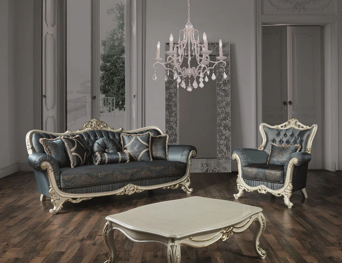 Luxus Barock Wohnzimmer Sofa mit Glitzersteinen und dekorativen Kissen Blau / Creme / Gold 240 x 95 x H. 105 cm - Edle Couch im Barockstil