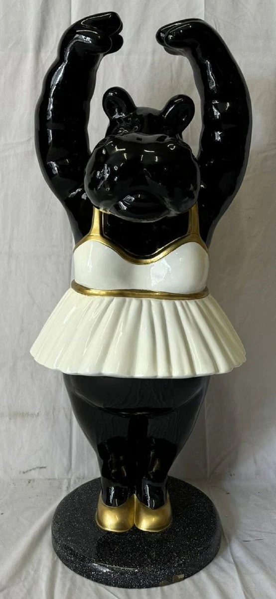 XXL Deko Skulptur Nilpferd Ballerina Schwarz / Weiß / Gold H. 98 cm