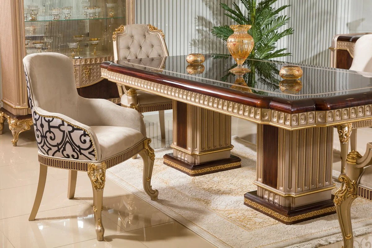 Luxus Barock Esstisch Dunkelbraun / Grau / Gold 250 cm