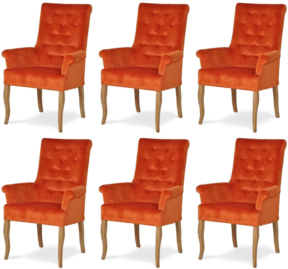 Chesterfield Neo Barock Esszimmer Stuhl 6er Set Orange / Naturfarben - Küchenstühle mit Armlehnen - Esszimmer Möbel - Chesterfield Möbel - Neo Barock Möbel
