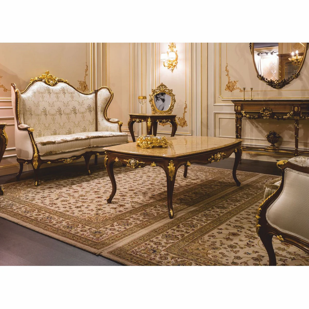 Luxus Barock Couchtisch Beige / Dunkelbraun / Gold 146 cm - Made in Italy