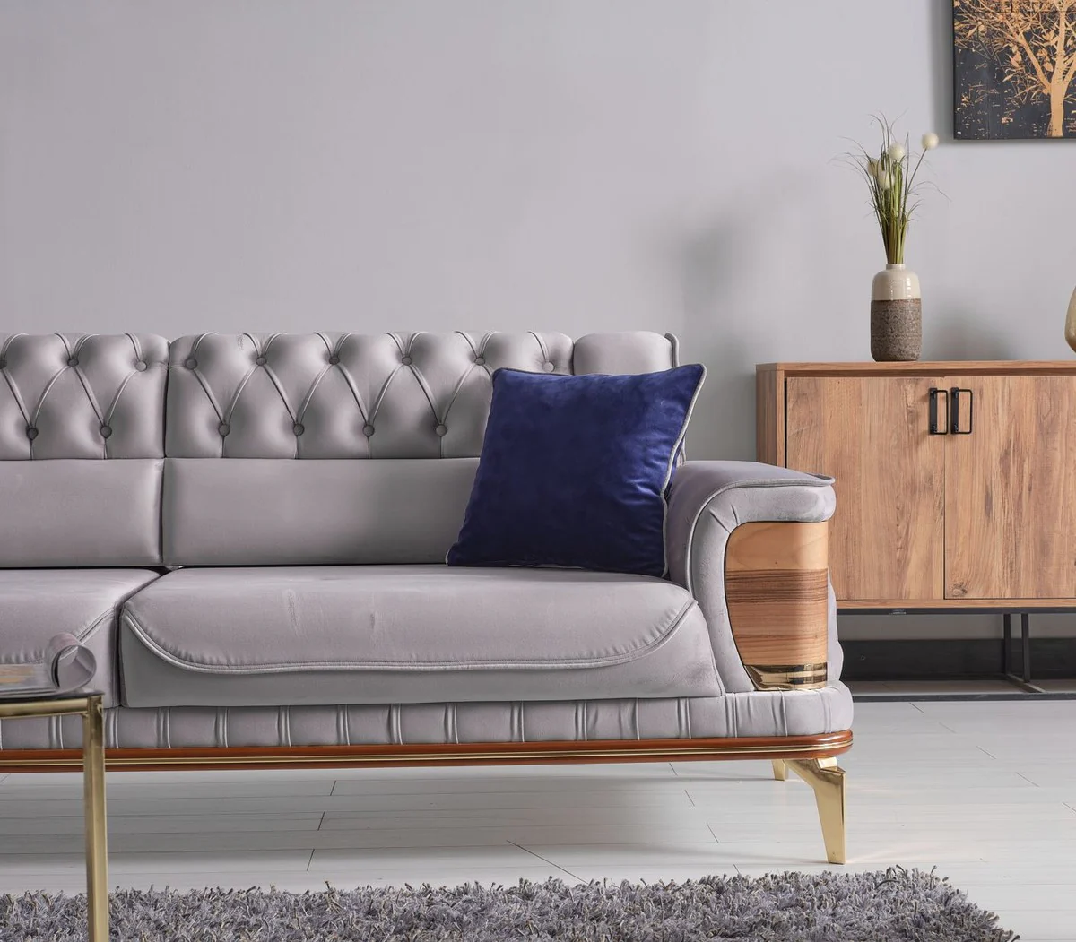 Luxus Schlafsofa Grau / Braun / Gold 232 x 92 x H. 85 cm - Wohnzimmer Sofa mit 2 Kissen - Luxus Wohnzimmer Möbel