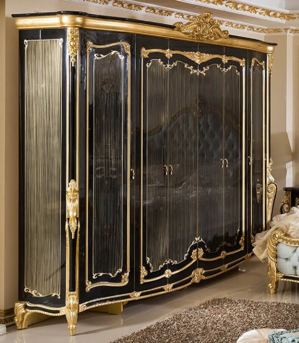Luxus Barock Schlafzimmerschrank Schwarz / Gold - Prunkvoller Massivholz Kleiderschrank im Barockstil - Barock Schlafzimmer & Hotel Möbel - Edel & Prunkvoll