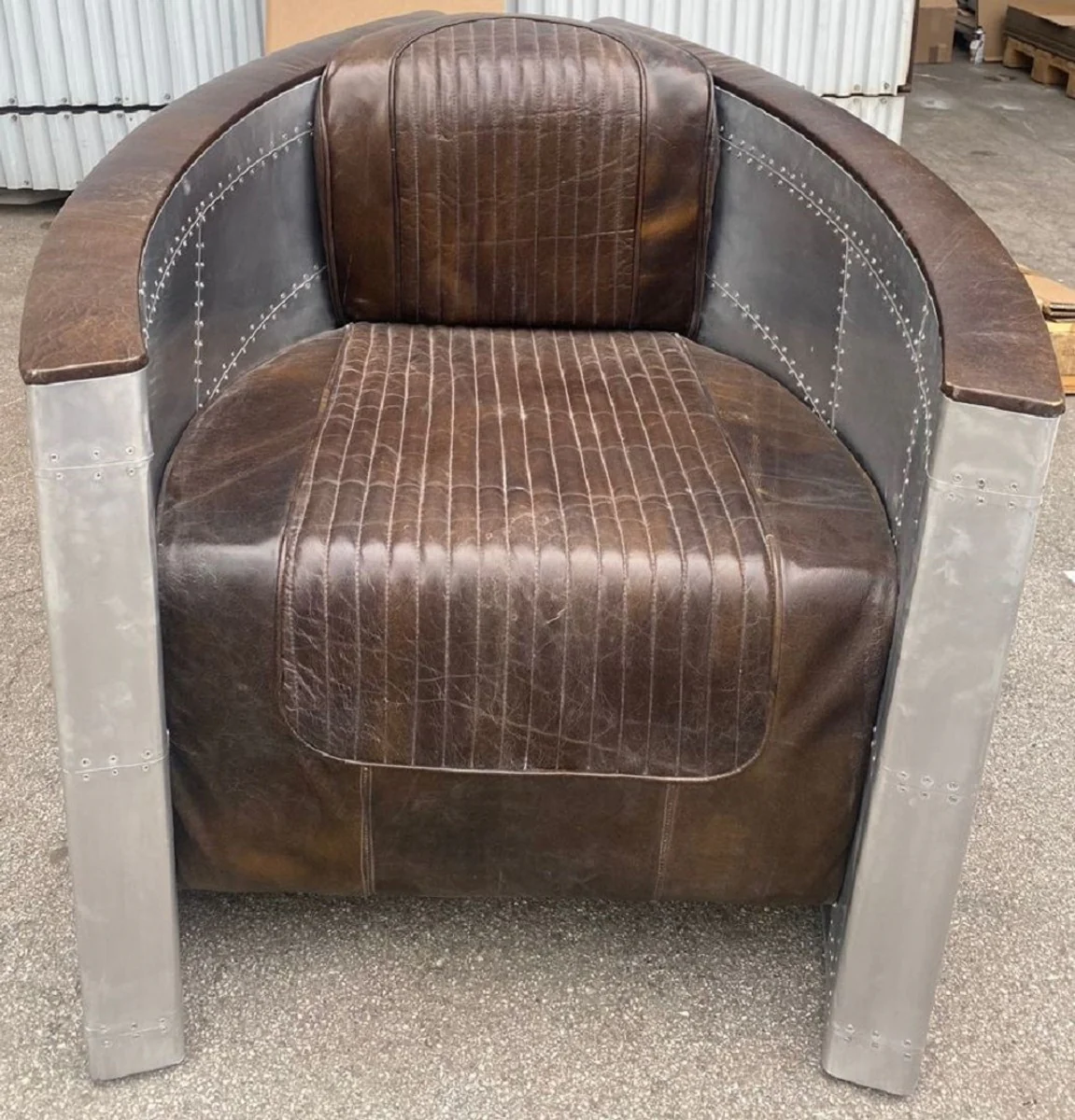 Luxus Art Deco Leder Sessel Vintage Dunkelbraun / Silber - Aluminium Wohnzimmer Sessel mit hochwertigem Echtleder - Lounge Sessel - Flugzeug Flieger Echtleder Möbel