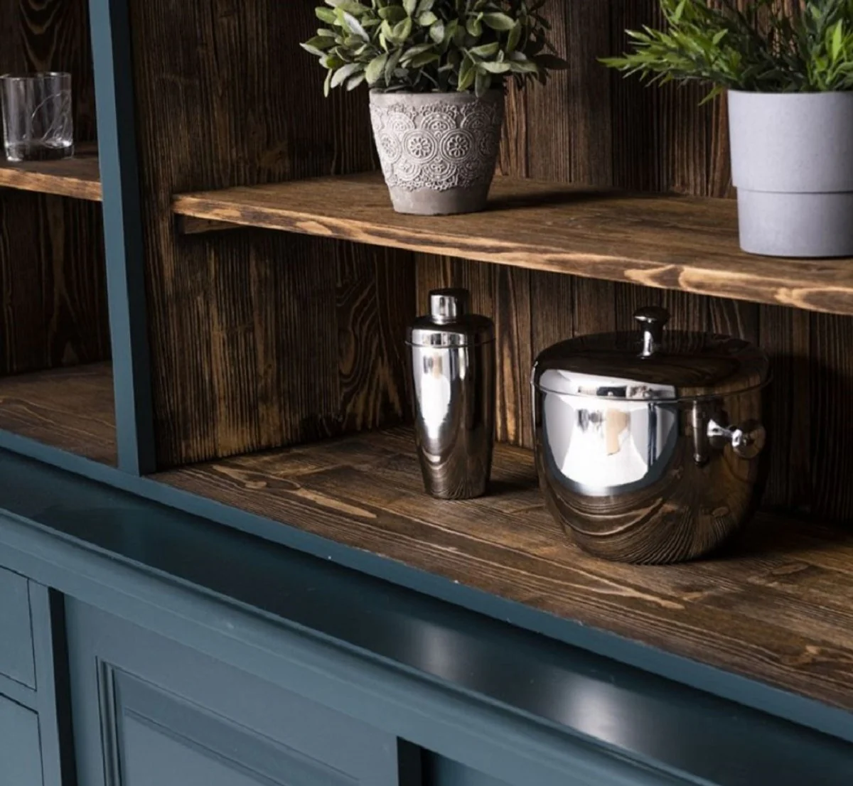 Landhausstil Barschrank Blau / Dunkelbraun 240 x 50 x H. 210 cm - Massivholz Weinschrank im Landhausstil - Landhausstil Möbel - Bar Möbel im Landhausstil - Landhausstil Einrichtung