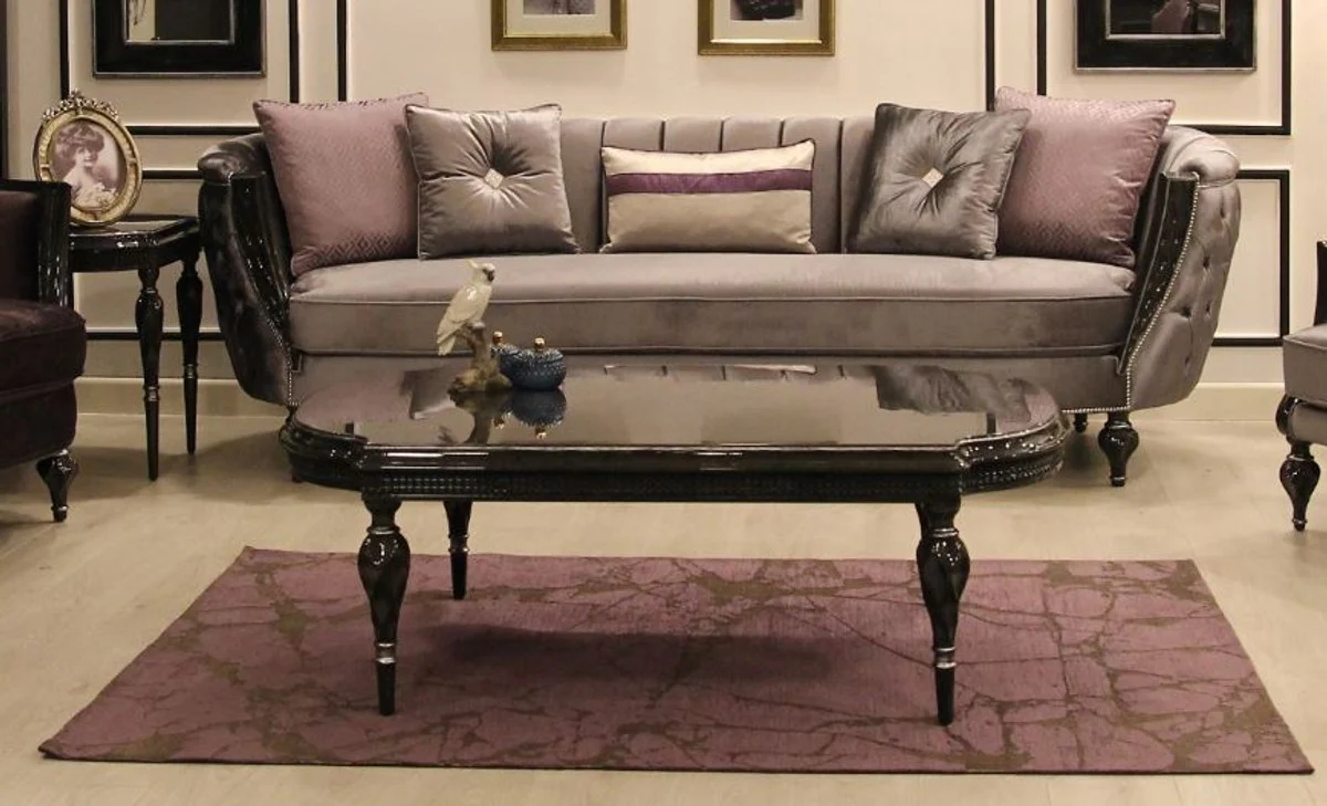 Luxus Barock Couchtisch Grau / Schwarz / Silber 140 x 85 x H. 50 cm - Edler Massivholz Wohnzimmertisch mit Glasplatte - Barockstil Wohnzimmer Möbel