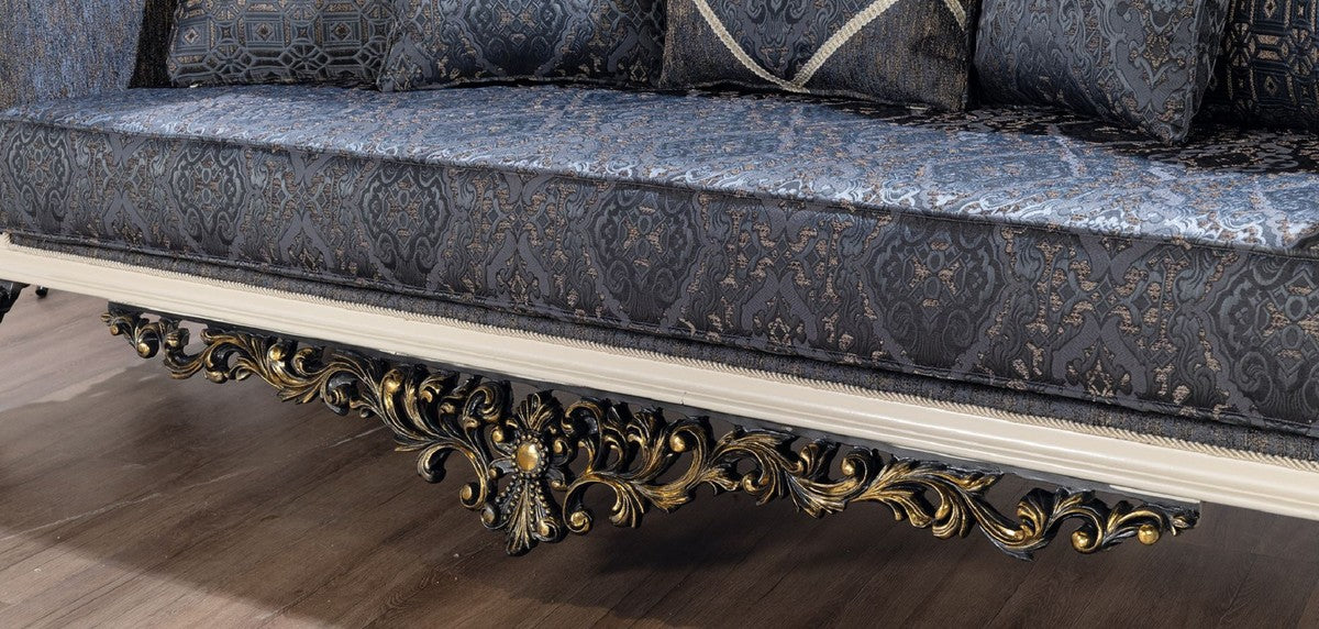 Luxus Barock Sofa Blau / Weiß / Schwarz / Gold - Barockstil Wohnzimmer Sofa mit elegantem Muster - Luxus Wohnzimmer Möbel im Barockstil - Barock Möbel - Barock Einrichtung
