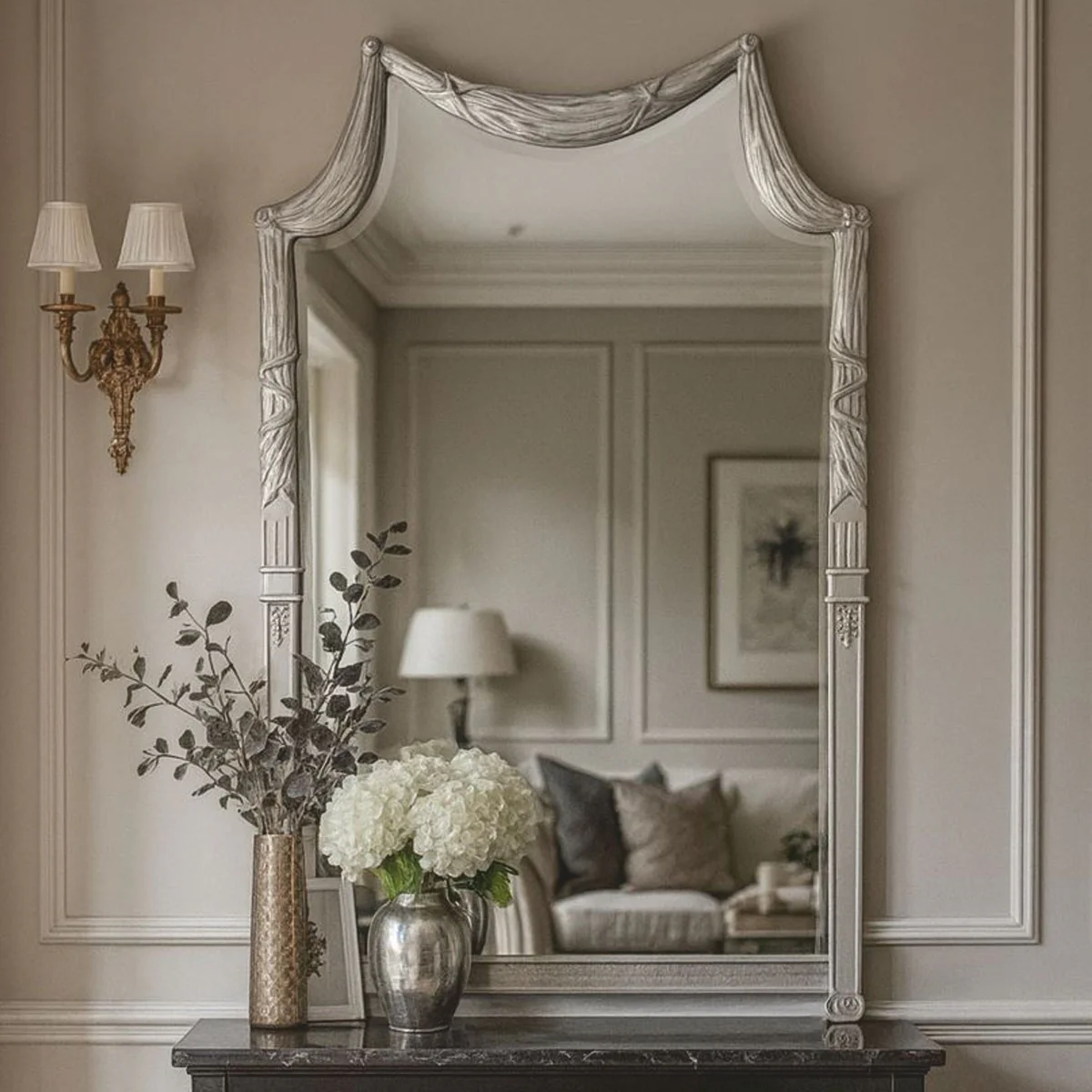 Luxus Barock Massivholz Spiegel Silber H. 135 cm - Made in Italy