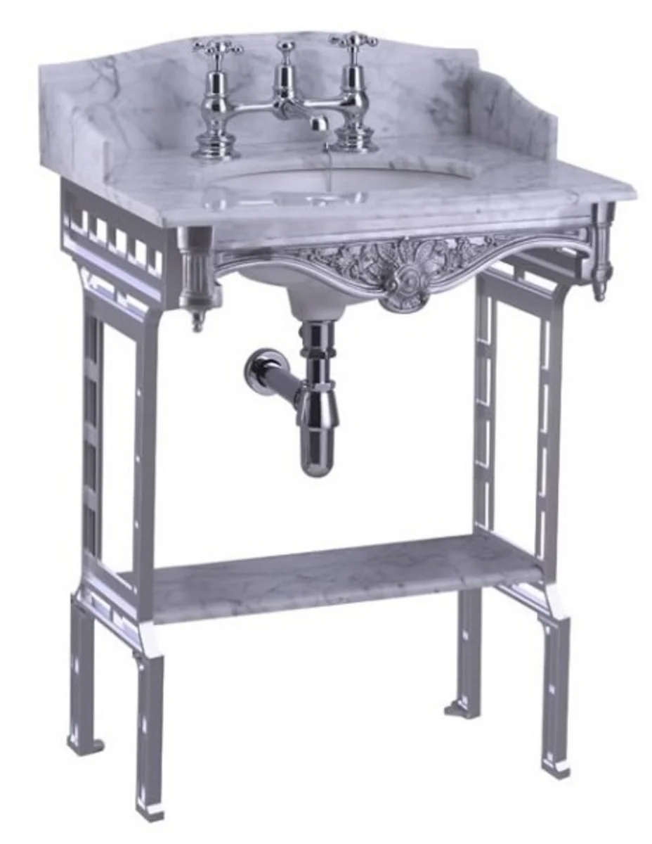 Luxus Jugendstil Stand Waschtisch Weiß / Aluminium mit Marmorplatte mit Spritzschutz hinten, seitlich und Ablage Barock Waschbecken Barockstil Antik Stil