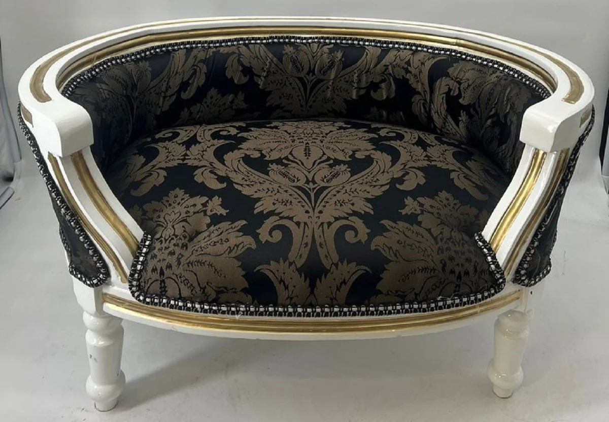 Barock Hundebett & Katzenbett Schwarz Muster / Weiß / Gold - Handgefertigtes Hunde & Katzen Sofa im Barockstil - Barock Hunde & Katzen Möbel - Barock Tiermöbel