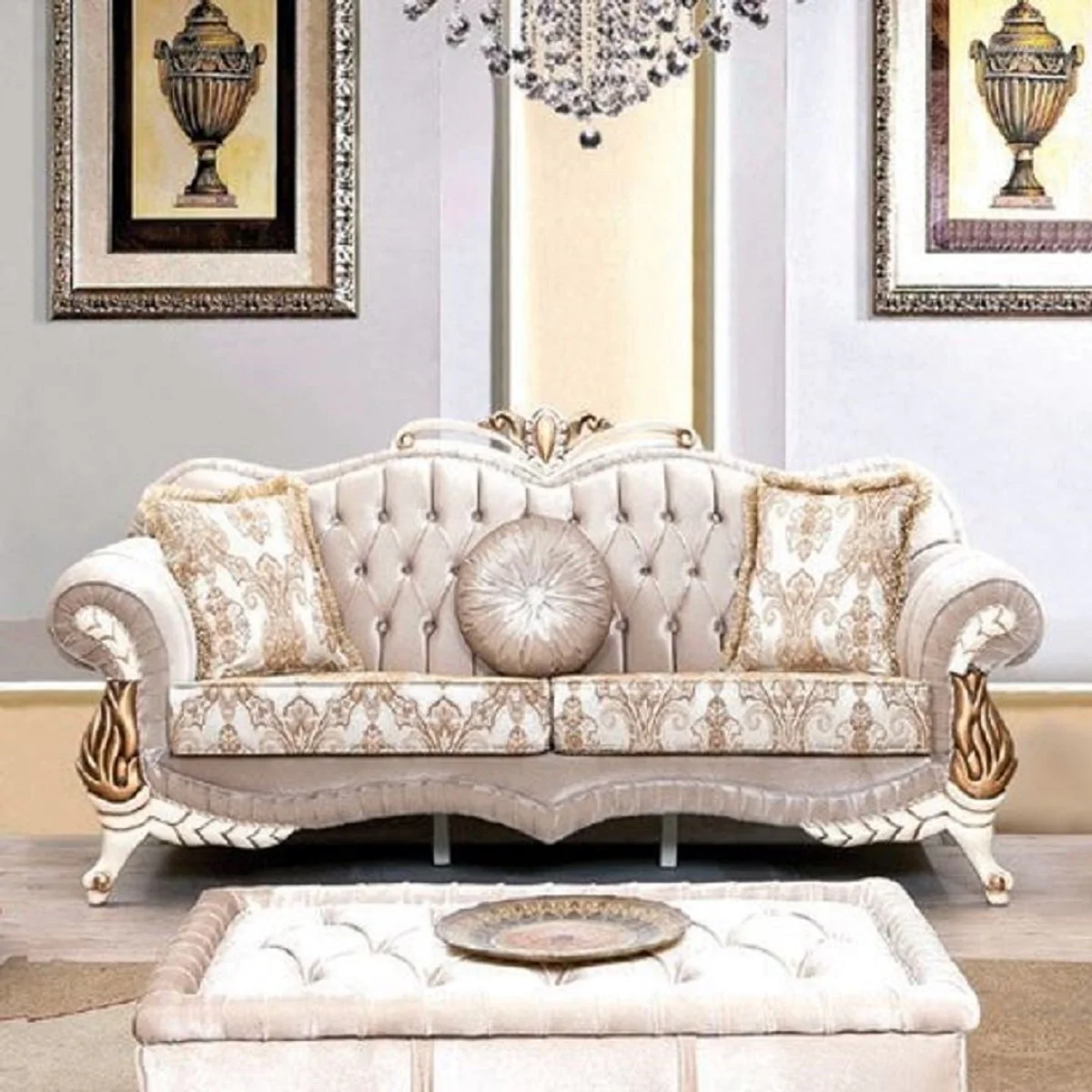 Luxus Barock Wohnzimmer Set Rosa / Weiß / Gold - 2 Sofas mit Muster & 2 Sessel mit Muster & 1 Couchtisch - Prunkvolle Barock Wohnzimmer Möbel