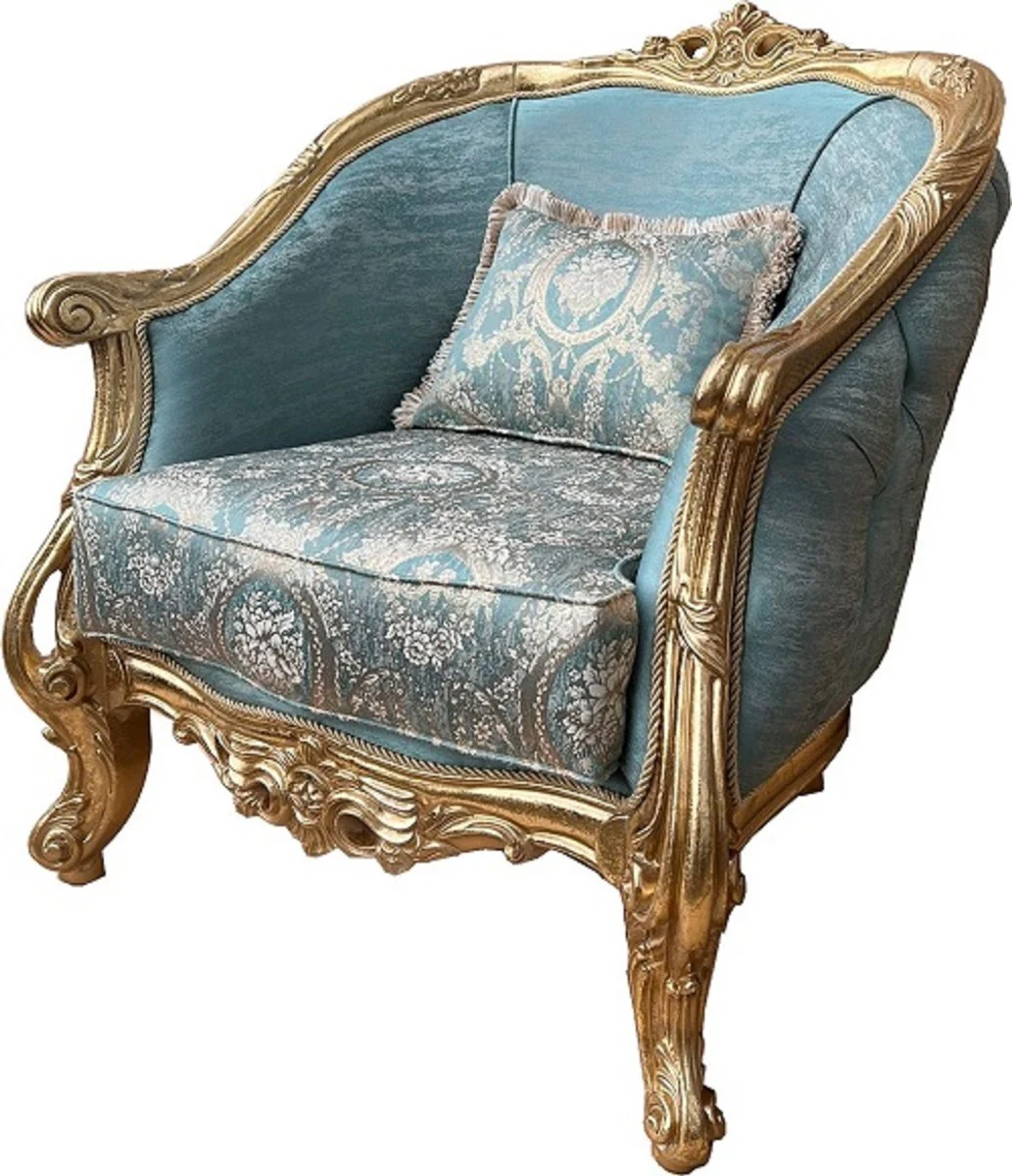Luxus Barock Wohnzimmer Set Türkis Muster / Gold - 2 Barock Sofas & 2 Barock Sessel & 1 Barock Couchtisch - Luxus Wohnzimmer Möbel im Barockstil - Barock Möbel - Edel & Prunkvoll