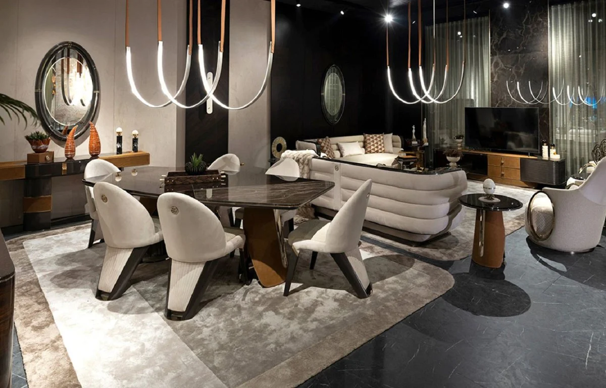 Luxus Esszimmer Stuhl 6er Set Creme / Grau / Gold 57 x 70 x H. 91,5 - Esszimmer Möbel - Luxus Möbel - Luxus Einrichtung