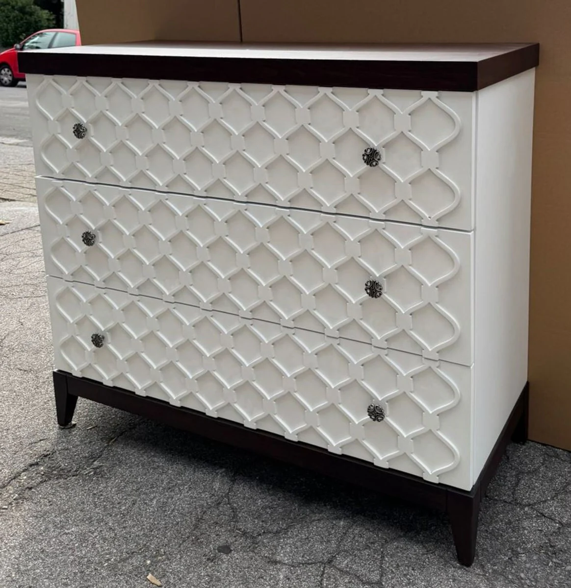 Luxus Art Deco Kommode mit 3 Schubladen Weiß / Dunkelbraun 120 cm