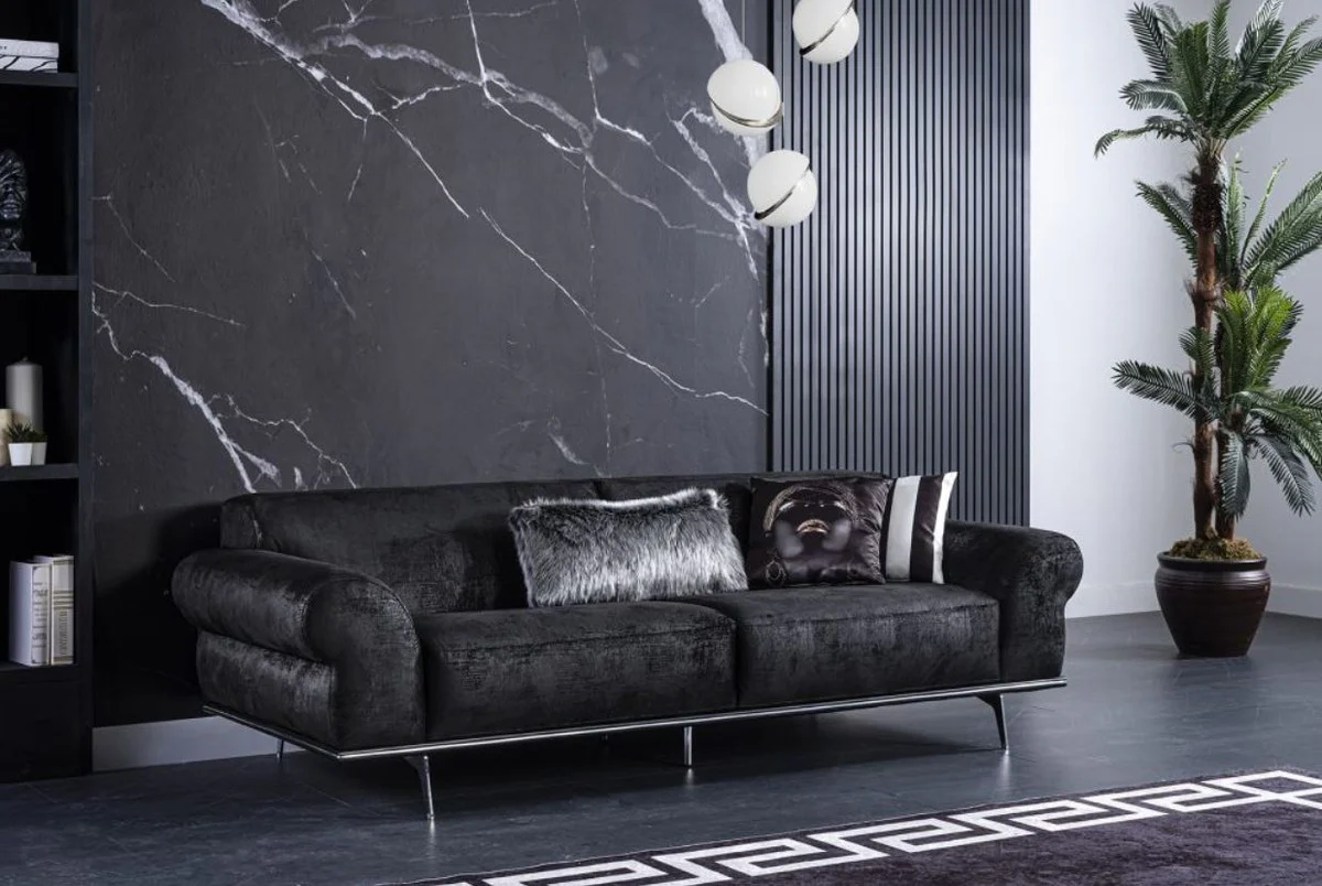 Luxus Art Deco Wohnzimmer Sofa Schwarz / Silber 240 x 95 x H. 63 cm - Luxus Wohnzimmer Möbel