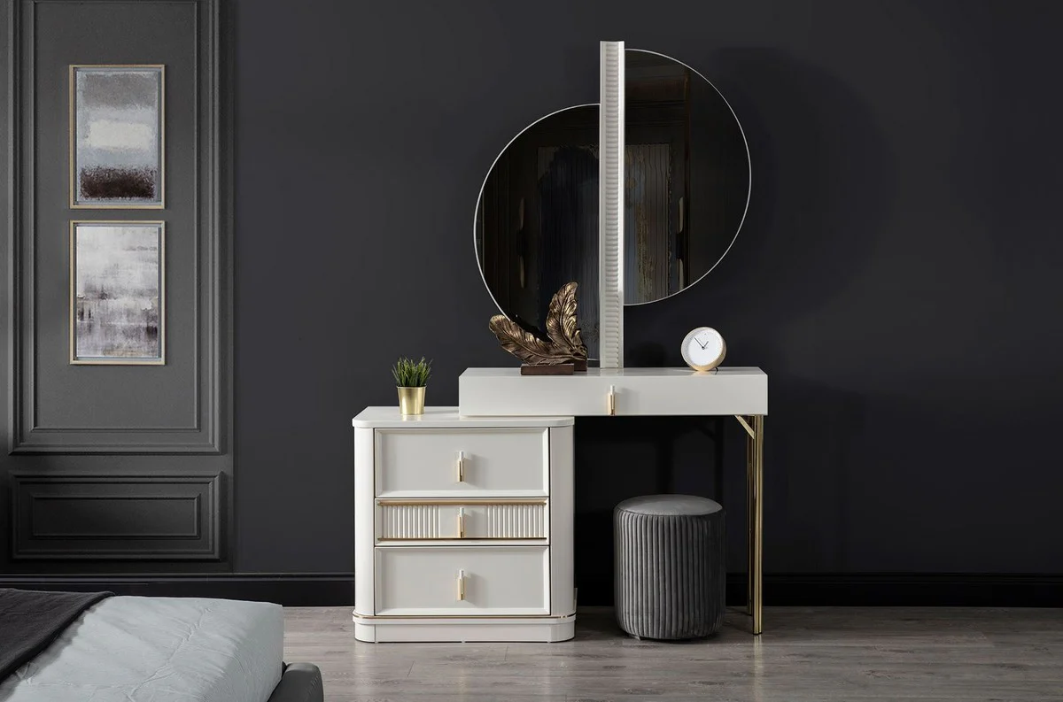 Luxus Schlafzimmer Schminktisch Set Weiß / Gold / Grau - 1 Schminkkommode mit Spiegel & 1 Hocker - Luxus Schlafzimmer Möbel