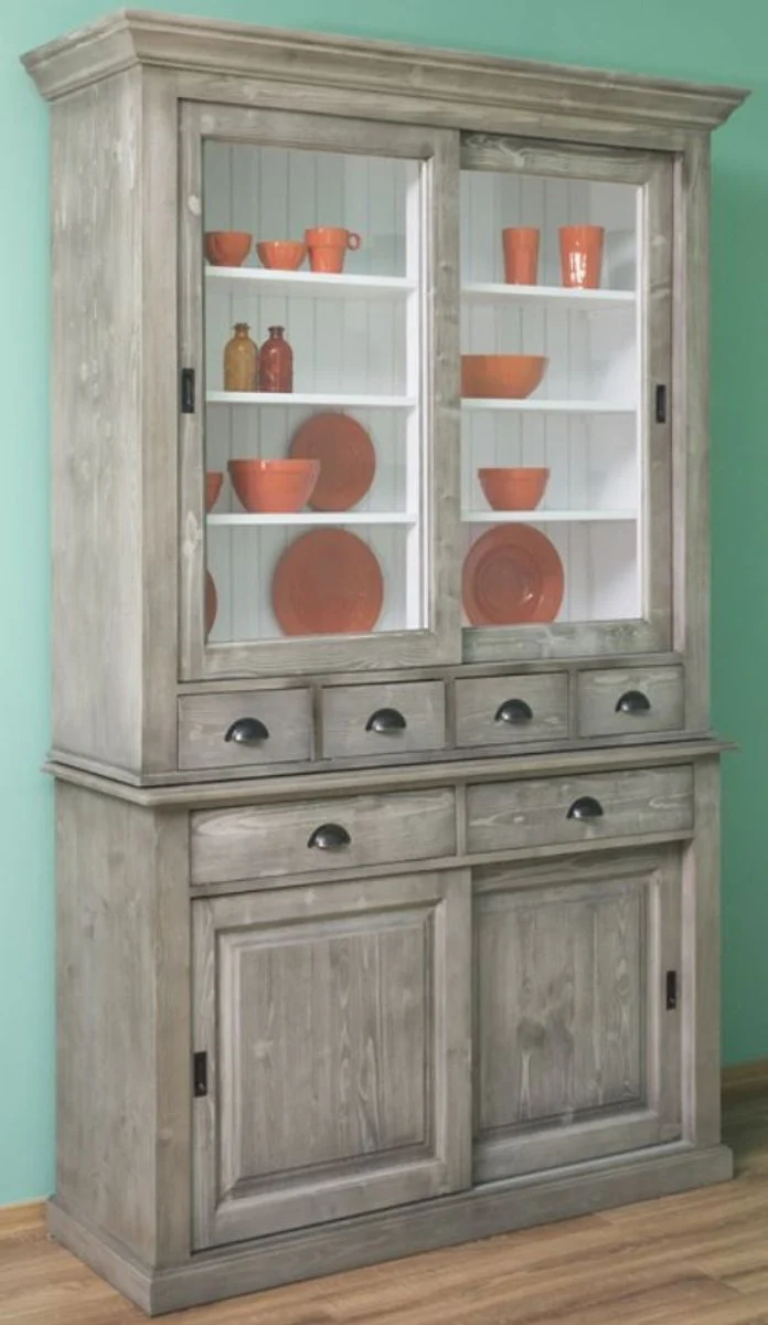 Landhausstil Küchenschrank Grau / Weiß 142 x 48 x H. 225 cm - 2 Teiliger Schrank mit 4 Schiebetüren und 6 Schubladen - Landhausstil Küchenmöbel