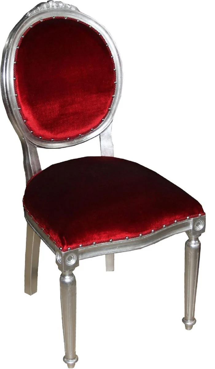 Luxus Barock Esszimmer Set Medaillon Bordeauxrot / Silber 50 x 52 x H. 99 cm - 6 handgefertigte Esszimmerstühle - Barock Esszimmermöbel