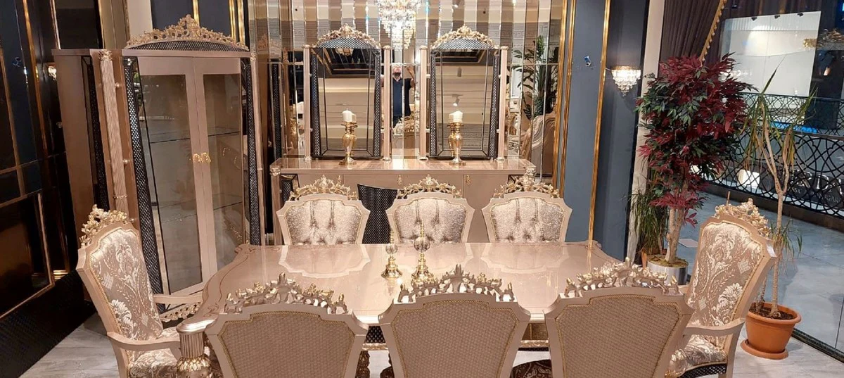 Luxus Barock Esszimmer Set Grau / Schwarz / Gold - 1 Barock Esstisch & 8 Barock Esszimmerstühle - Luxus Esszimmer Möbel im Barockstil - Prunkvolle Barock Esszimmer Möbel