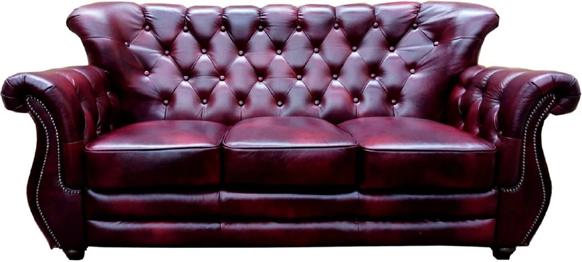 Luxus Chesterfield Echtleder Wohnzimmer Set Bordeauxrot / Braun / Silber - 2 Leder Sofas & 2 Leder Sessel - Chesterfield Möbel - Wohnzimmer Möbel