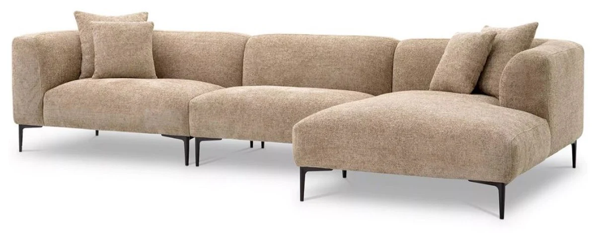 Luxus Ecksofa Sandfarben / Schwarz 343,5 x 99-177 x H. 75 cm - Wohnzimmer Sofa mit 4 Kissen - Wohnzimmer Möbel - Wohnzimmer Einrichtung - Luxus Möbel - Luxus Einrichtung
