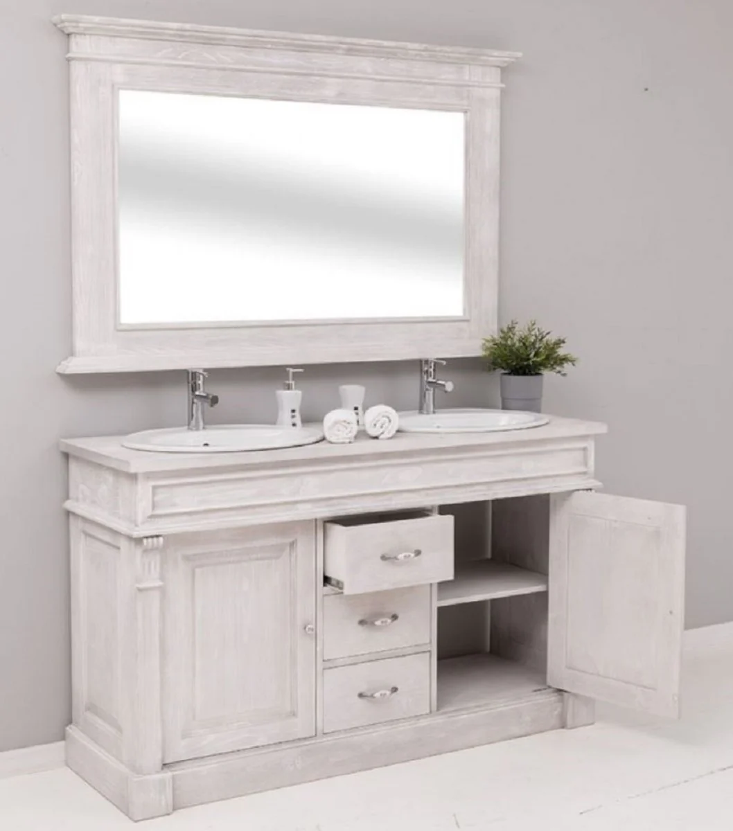 Landhausstil Badezimmer Set Hellgrau - 1 Doppelwaschtisch & 2 Waschbecken & 2 Wasserhähne & 1 Wandspiegel - Massivholz Badezimmer Möbel im Landhausstil