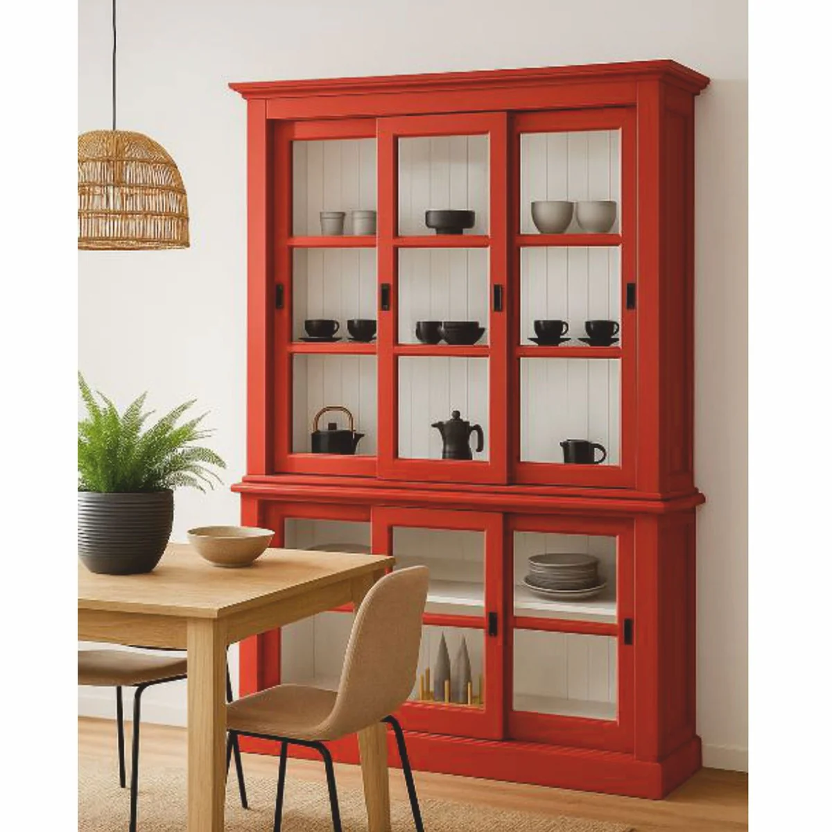 Landhausstil Vitrine mit 6 Schiebetüren Rot / Weiß 151 x 47 x H. 220 cm