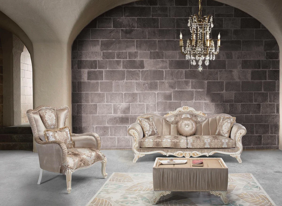 Luxus Barock Wohnzimmer Set Beige / Weiß / Gold - 2 Sofas & 2 Sessel & 1 Beistelltisch - Prunkvolle Wohnzimmer Möbel im Barockstil