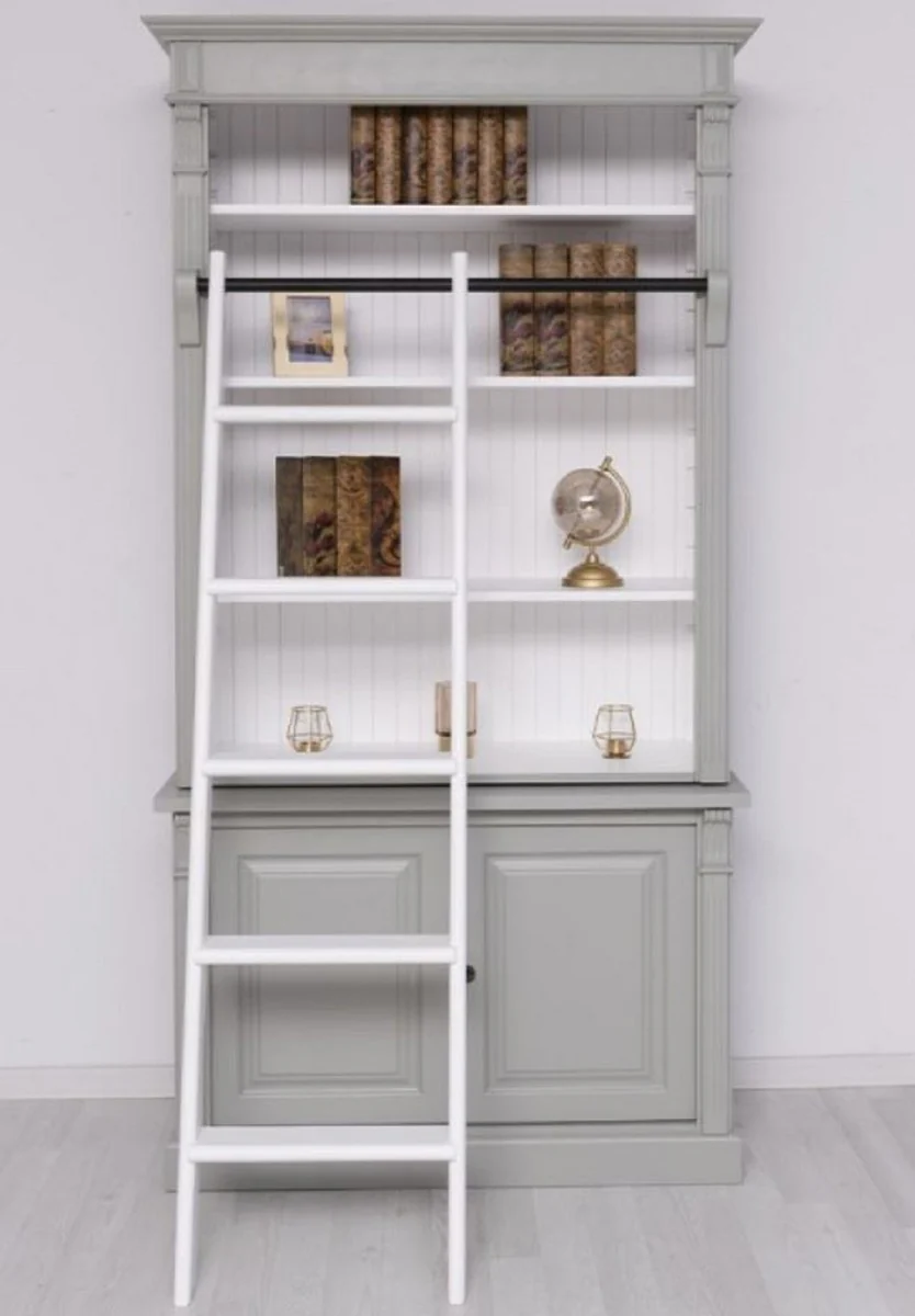 Landhausstil Bücherschrank mit Leiter Grau / Weiß 120 x 51 x H. 228 cm - Massivholz Schrank - Regalschrank - Wohnzimmerschrank - Büroschrank - Landhausstil Möbel