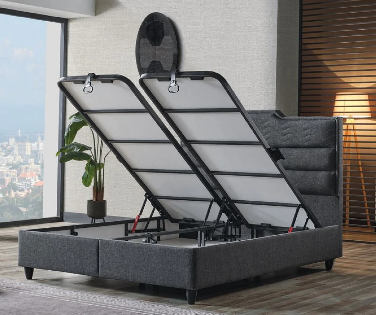 Luxus Doppelbett Grau / Weiß / Schwarz 180 x 200 cm - Massivholz Bett mit Kopfteil und Matratze - Schlafzimmer Möbel - Hotel Möbel - Luxus Möbel - Luxus Einrichtung