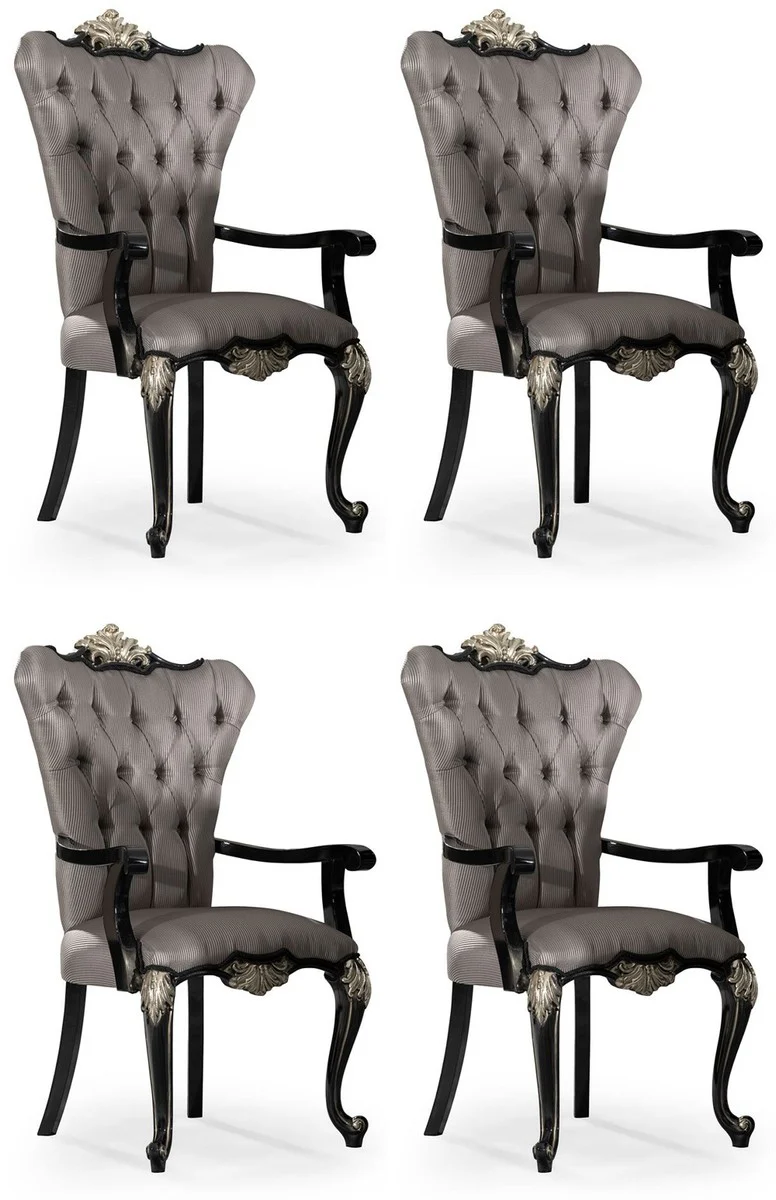 Luxus Barock Esszimmer Stuhl 4er Set mit Armlehnen Silber / Schwarz / Silber - Prunkvolle Barockstil Küchen Stühle - Luxus Barock Esszimmer Möbel - Edel & Prunkvoll