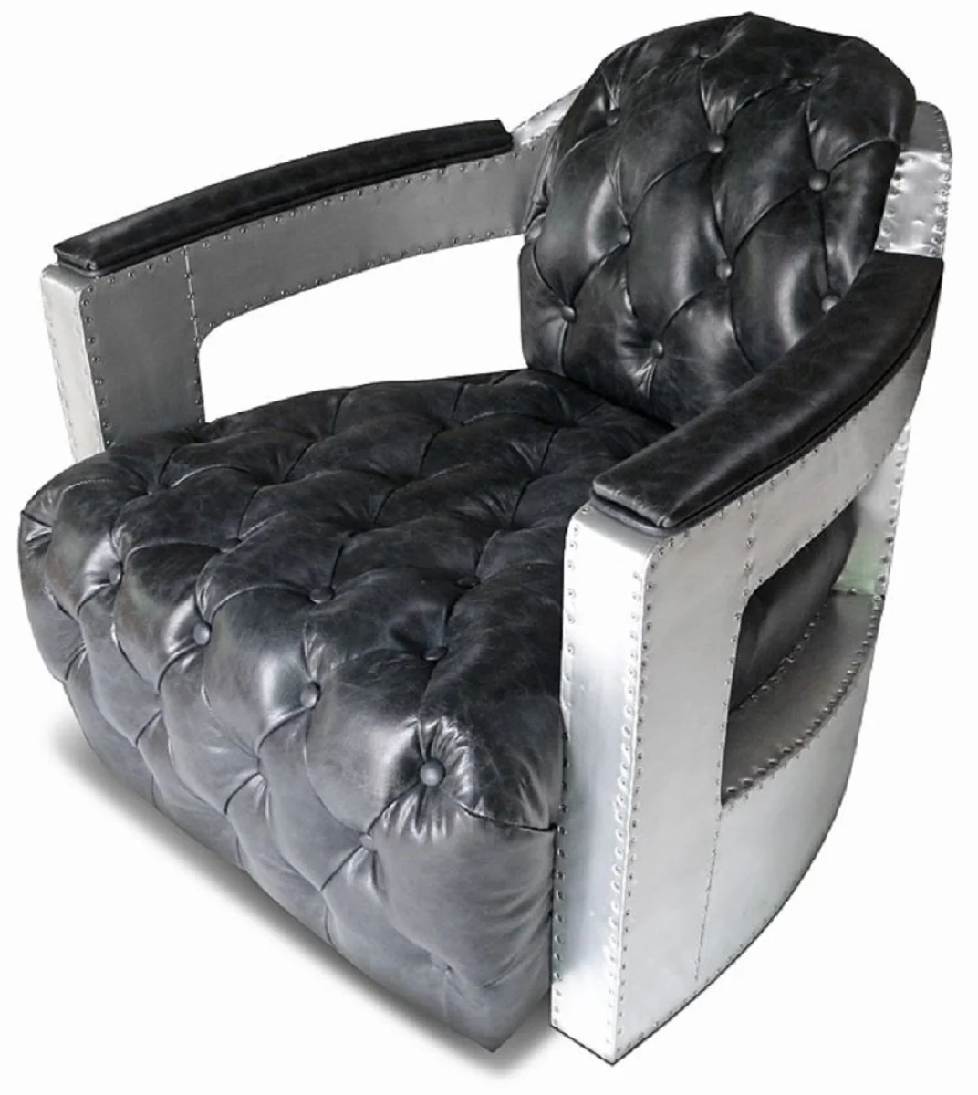 Chesterfield Echtleder Sessel Vintage Schwarz / Silber 73 x 90 x H. 70 cm - Wohnzimmer Leder Sessel - Club Sessel - Lounge Sessel - Art Deco Sessel - Aluminium Flugzeug Flieger Möbel