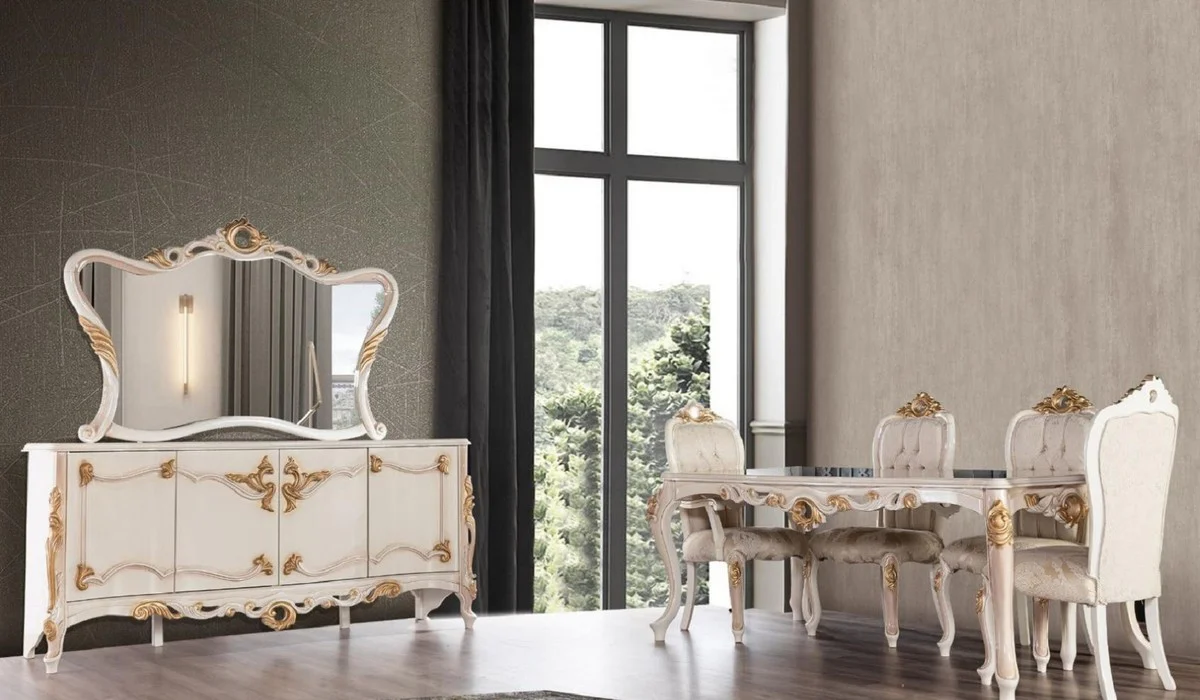 Luxus Barock Esszimmer Set Grau / Weiß / Beige / Gold - 1 Barock Esstisch & 6 Barock Esszimmerstühle mit elegantem Muster - Esszimmer Möbel im Barockstil - Edel & Prunkvoll