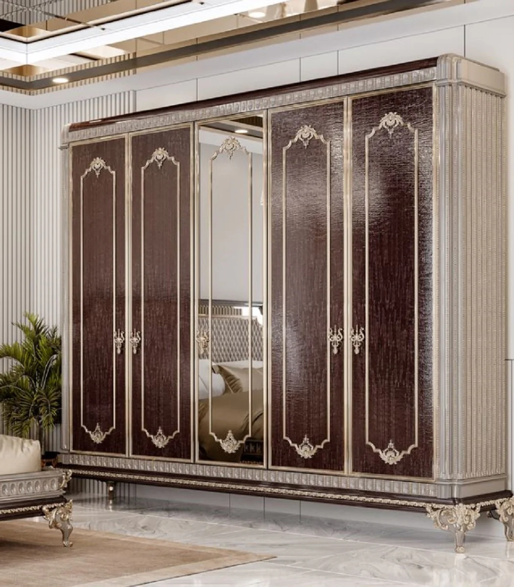 Luxus Barock Schlafzimmer Schrank Dunkelbraun / Grau / Gold