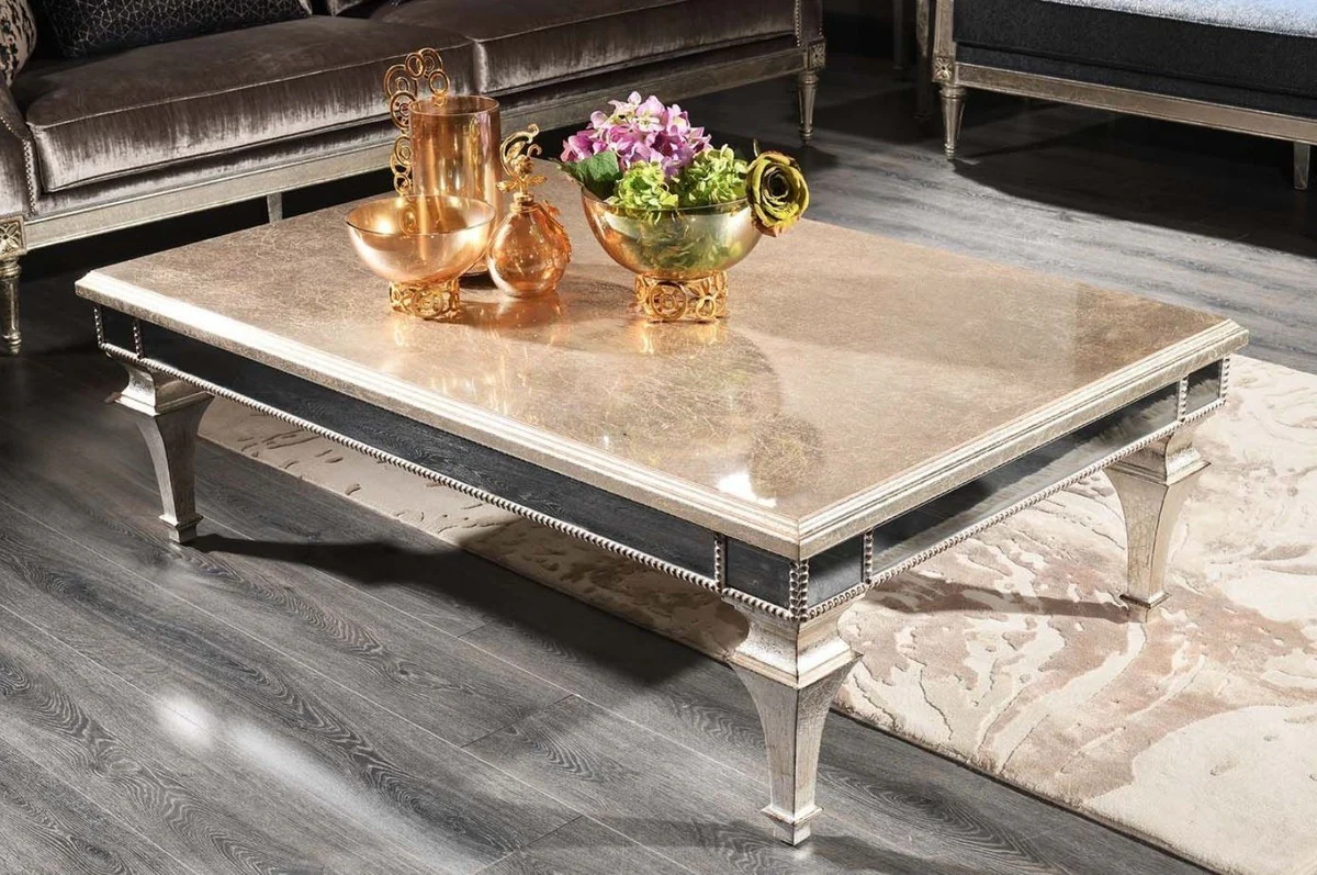 Luxus Barock Couchtisch Antik Silber 140 x 90 x H. 45 cm - Edler Massivholz Wohnzimmertisch mit Spiegelglas - Luxus Qualität
