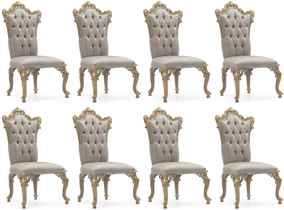 Luxus Barock Esszimmer Stuhl 8er Set Silber / Grau / Gold - Prunkvolle Barockstil Küchen Stühle - Luxus Esszimmer Möbel im Barockstil - Barock Esszimmer Möbel - Barockstil Möbel