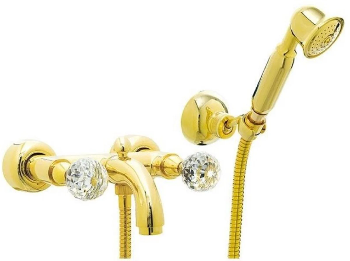 Luxus Badewannen Armatur mit Handbrause und Schlauch Gold - Aufputz Wannenbatterie mit Swarovski Kristallglas - Luxus Bad Zubehör - Made in Italy