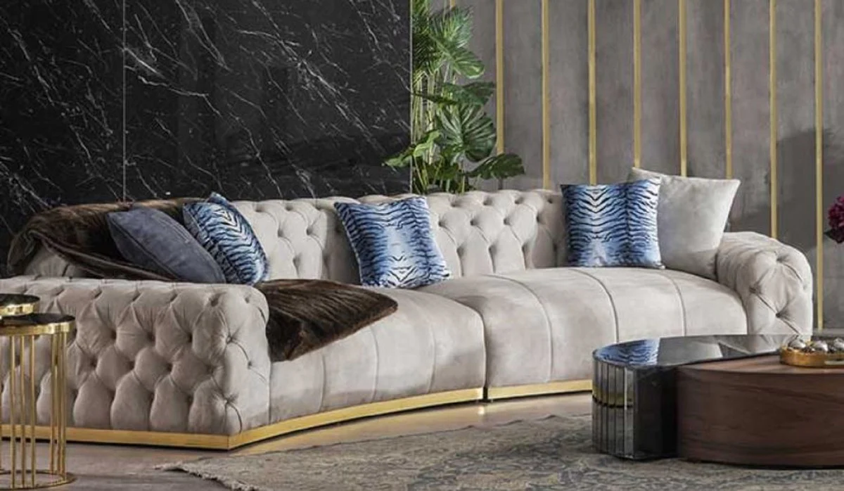 Luxus Chesterfield Sofa Grau / Gold 380 x 100 x H. 72 cm - Gebogenes Wohnzimmer Sofa - Hotel Sofa - Wohnzimmer Möbel - Chesterfield Möbel - Luxus Möbel - Luxus Einrichtung