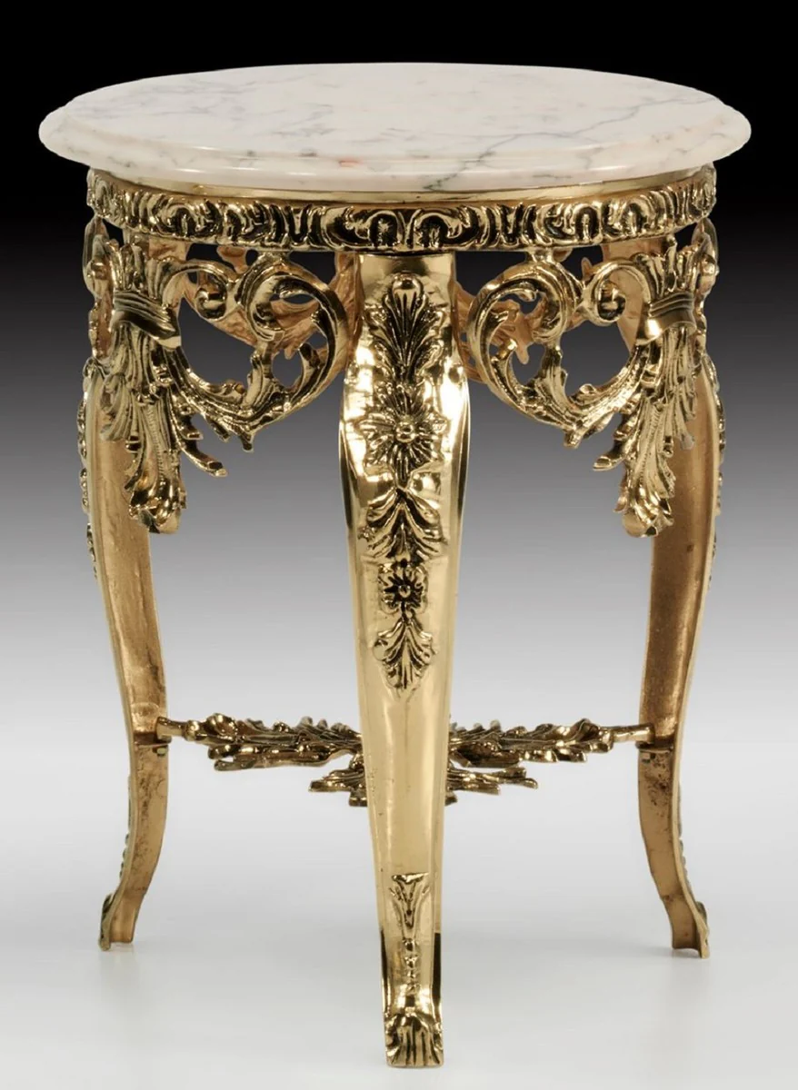 Luxus Barock Beistelltisch Gold / Weiß - Prunkvoller Bronze Tisch mit Marmorplatte - Luxus Möbel im Barockstil - Barockstil Wohnzimmer Möbel - Barock Möbel - Edel & Prunkvoll
