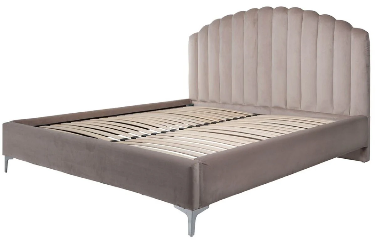 Luxus Art Deco Doppelbett Khaki / Silber 195 x 218 x H. 130 cm - Massivholz Bett mit edlem Samtstoff - Luxus Schlafzimmer Möbel - Hotel Möbel - Art Deco Möbel
